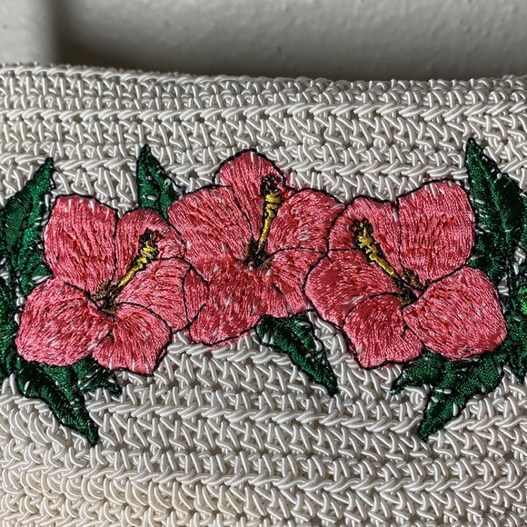 Vintage boho woven pearly white crossbody bag pink green floral embroidery - Picture 6 of 14